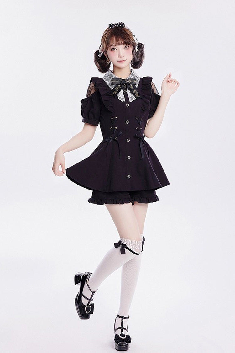 [Alice of Wednesday] Sweet Off Shoulder Short Sleeves Ruffle Bowknot Lace-Up Japanese Jirai Kei Dress Shorts Set 3 Colors - Product - 11