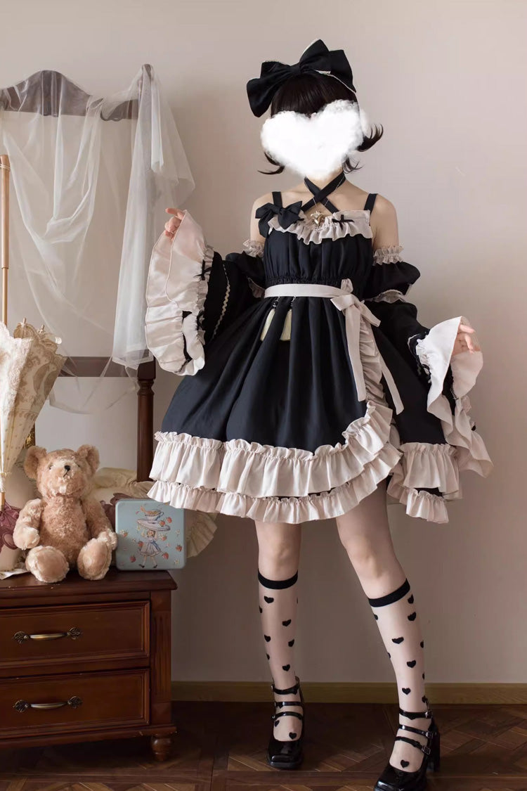 Black [Monet Estate] Sleeveless High Waisted Ruffle Bowknot Asymmetric Gothic Lolita Jsk Dress - Product - 9
