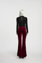 Red Patchwork Slim Fit Women's Gothic Floral Lace Spliced Beaded Tassel Flare Pants - Product - 2