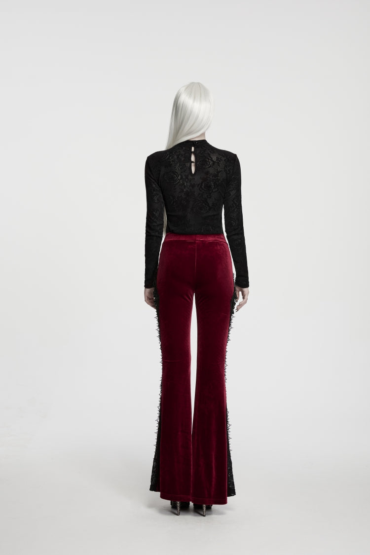 Red Patchwork Slim Fit Women's Gothic Floral Lace Spliced Beaded Tassel Flare Pants - Product - 2