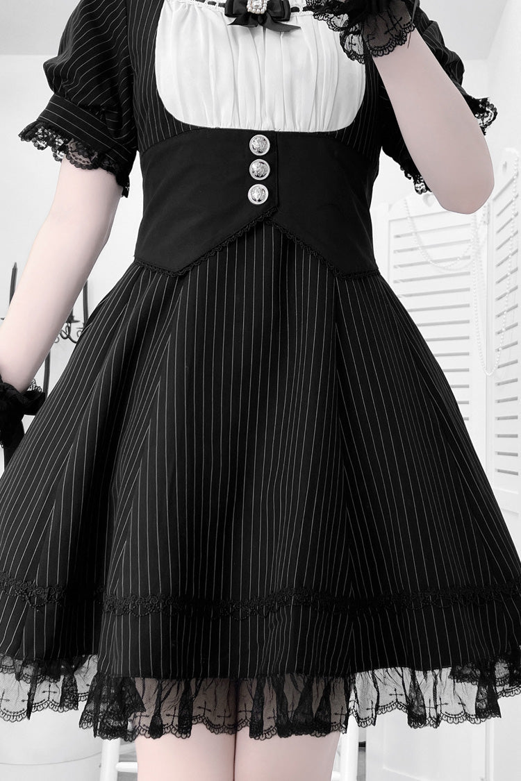 Black/White Short Sleeves Stripe Print Ruffle Bowknot Cross Waist Maid Sweet Japanese Lolita Dress Set - Product - 2