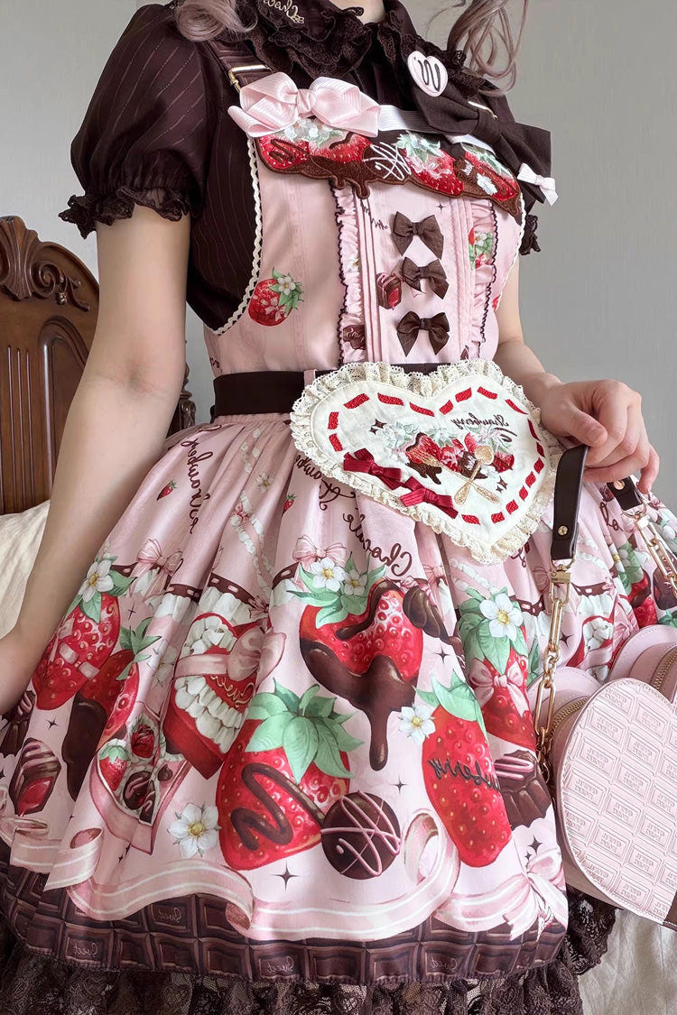 Pink [Strawberry Chocolate Lover] Sleeveless Printed Ruffled Embroidered Bow Lace Sweet Lolita Strap Dress - Product - 10