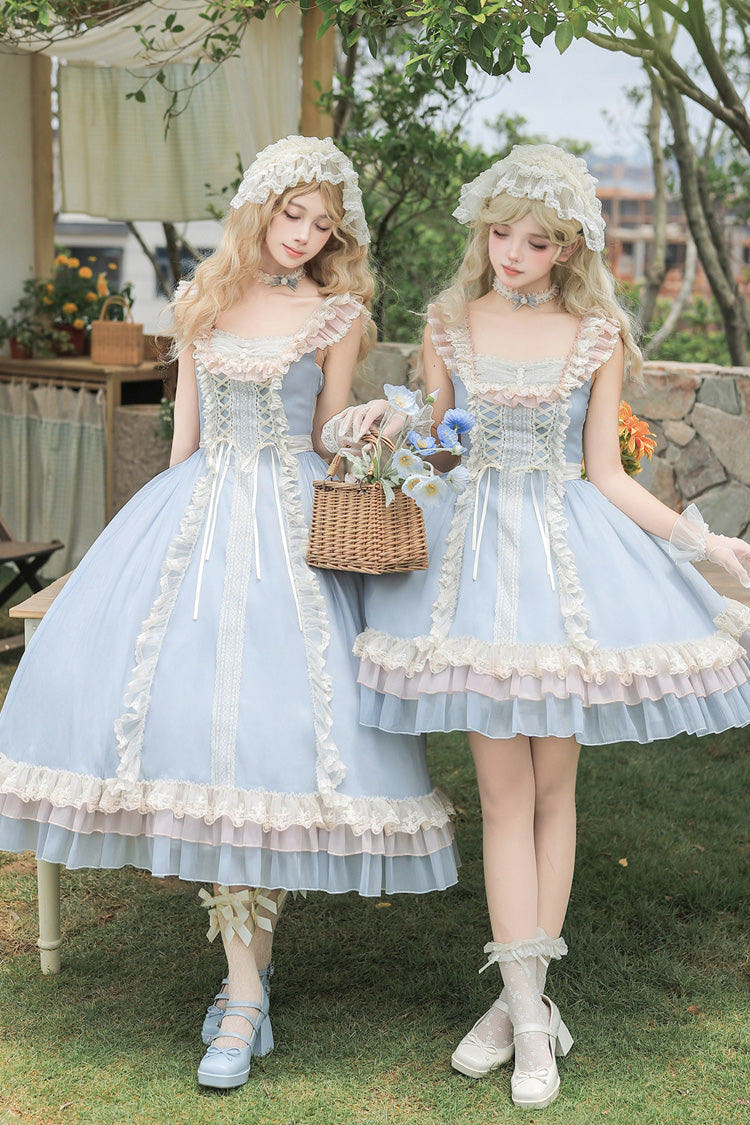 Blue [Island Diary] Square Collar Flutter Sleeves Triple-Layered Ruffled Lace-Up Sweet Lolita Jsk Dress 2 Versions - Blue(Short-Dress-Only) - 1