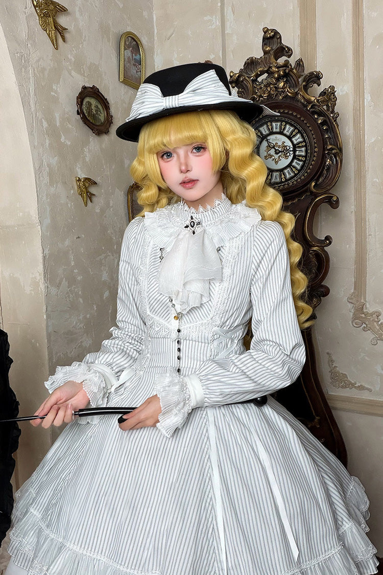 White [Point Manor] Stand Collar Long Sleeves Multi-Layered Striped Printed Ruffled Lifted Hem Bow Gothic Lolita Dress - Product - 5