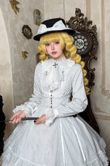 White [Point Manor] Stand Collar Long Sleeves Multi-Layered Striped Printed Ruffled Lifted Hem Bow Gothic Lolita Dress - Product - 5