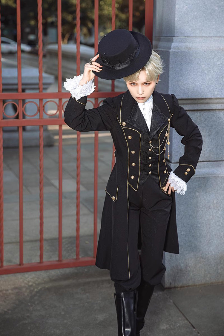 Prince Retro Immortal Black and White Rose Single Breasted Ouji Fashion Lolita Coat - Product - 10