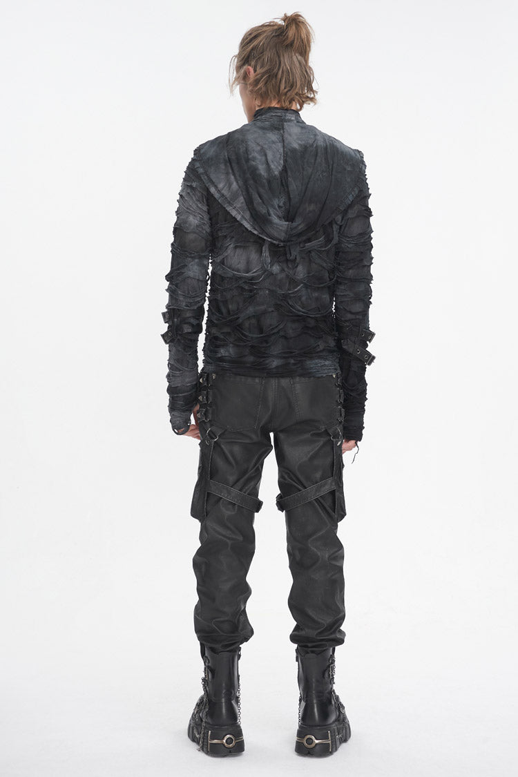 Black High Collar Long Sleeves Print Ripped Men's Punk Hoodies T-Shirt - Product - 5