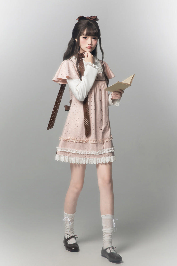 Pink [Polka Dot Bouclé] Round Collar Long Sleeves Printed Ruffled Faux Two-Piece Sweet Japanese Lolita Dress - Product - 6