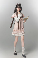 Pink [Polka Dot Bouclé] Round Collar Long Sleeves Printed Ruffled Faux Two-Piece Sweet Japanese Lolita Dress - Product - 6