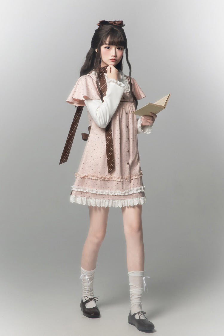 Pink [Polka Dot Bouclé] Round Collar Long Sleeves Printed Ruffled Faux Two-Piece Sweet Japanese Lolita Dress - Product - 6