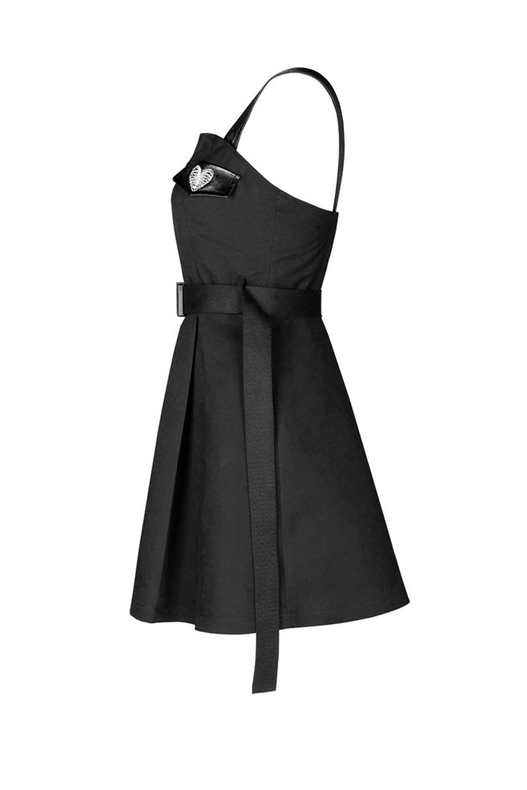 Black High Waist Belted PU Leather Strap Irregular Women's Steam Punk Dress - Product - 6