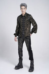 Black Lapel Collar Long Puff Sleeves Faux Leather Stitching Men's Gothic Blouse with Chain - Product - 10