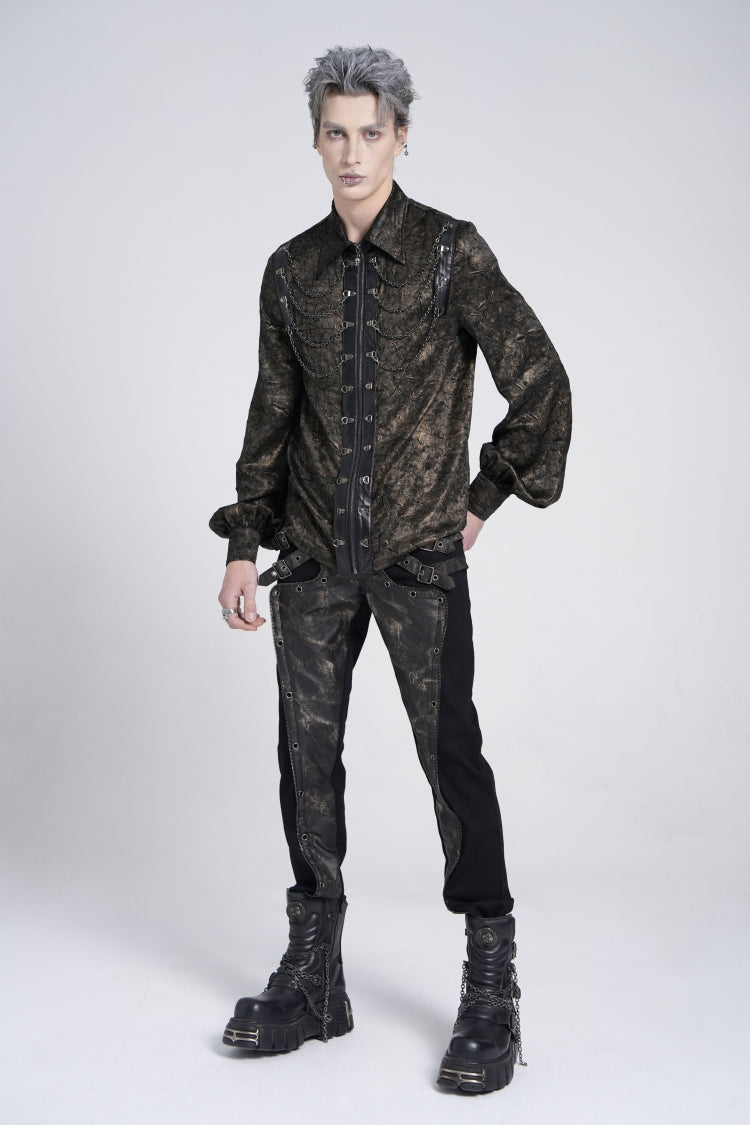 Black Lapel Collar Long Puff Sleeves Faux Leather Stitching Men's Gothic Blouse with Chain - Product - 10