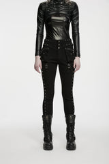 Black Slim Fit Studded Women's Punk Cool Pants with Pockets - Product - 3