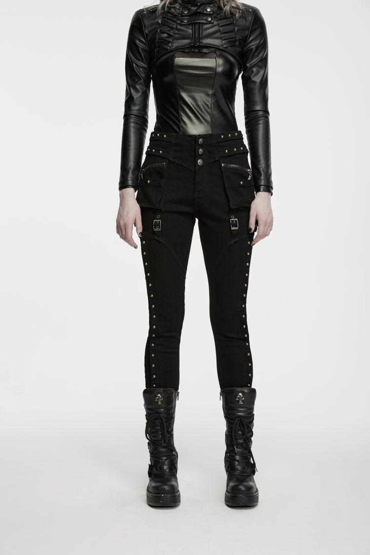 Black Slim Fit Studded Women's Punk Cool Pants with Pockets - Product - 3