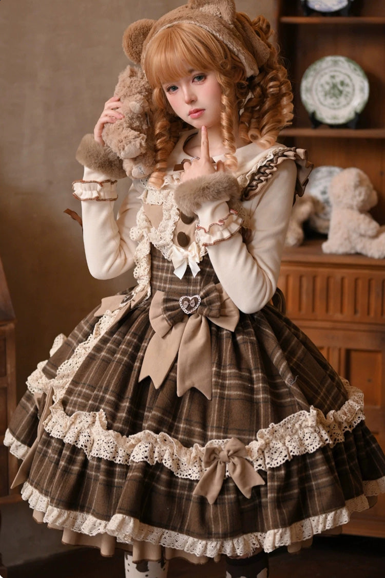 Brown [Chocolate Chestnut] Sleeveless Printed Ruffled Bow Sweet Lolita Jsk Dress - Product - 6