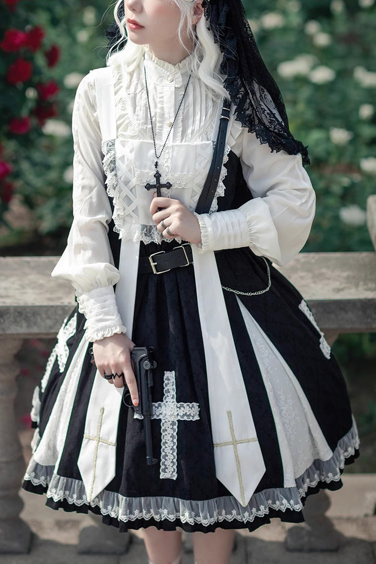 Black Paradise Cross Print Ruffle Sleeveless Gothic Lolita Dress - Black - 1