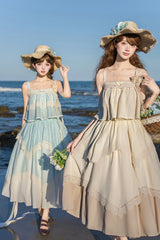 [Summer of Bluebells] Square Collar Sleeveless Jacquard Ruffled Asymmetric Sweet Lolita Skirt Set 2 Colors (Blue/Green, Ivory) - Product - 8