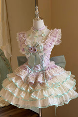 Purple [Flower Language of Eros] Halterneck Multi-Layered Ruffle Bowknot Rose Lace Lace-Up Sweet Ballet Lolita Jsk Dress - Purple - 1