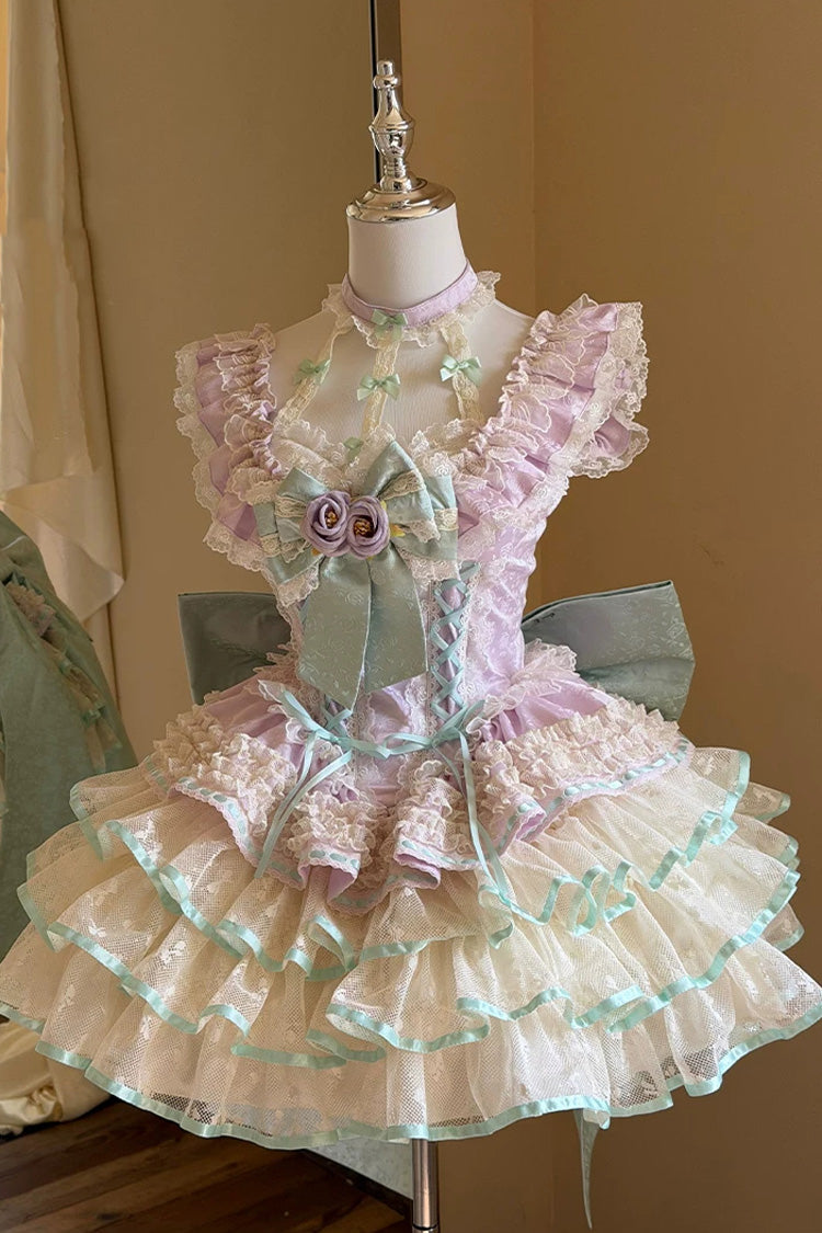 Purple [Flower Language of Eros] Halterneck Multi-Layered Ruffle Bowknot Rose Lace Lace-Up Sweet Ballet Lolita Jsk Dress - Purple - 1