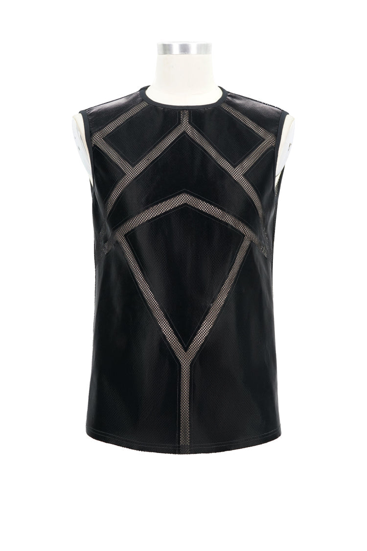 Black Shiny Knits Splice Armor Modeling Mesh Men's Punk Vest - Product - 7
