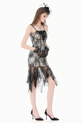 Black/White Lace Floral Embroidered Lace-Up Asymmetric Hem Women's Gothic Slip Dress - Product - 2