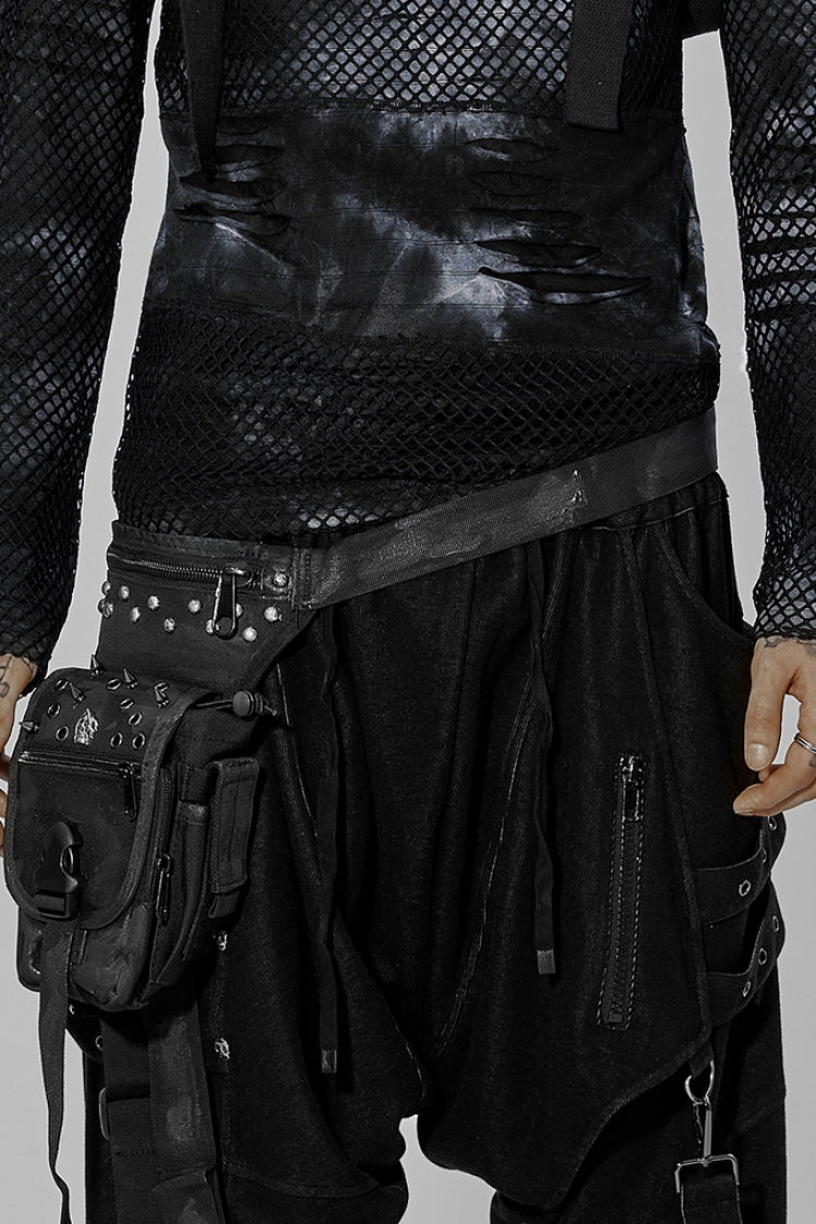 Black Adjustable Skull Rivets Men's Steampunk Waist Bag - Black - 1