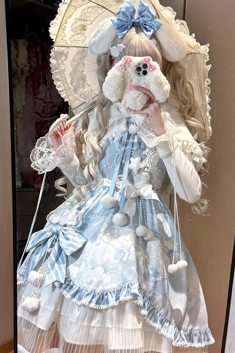 Blue [Cloud Dreamland] Cut-Out Embroidered Bow Lace Asymmetric Sweet Elegant Lolita Jsk Dress Set - Product - 7