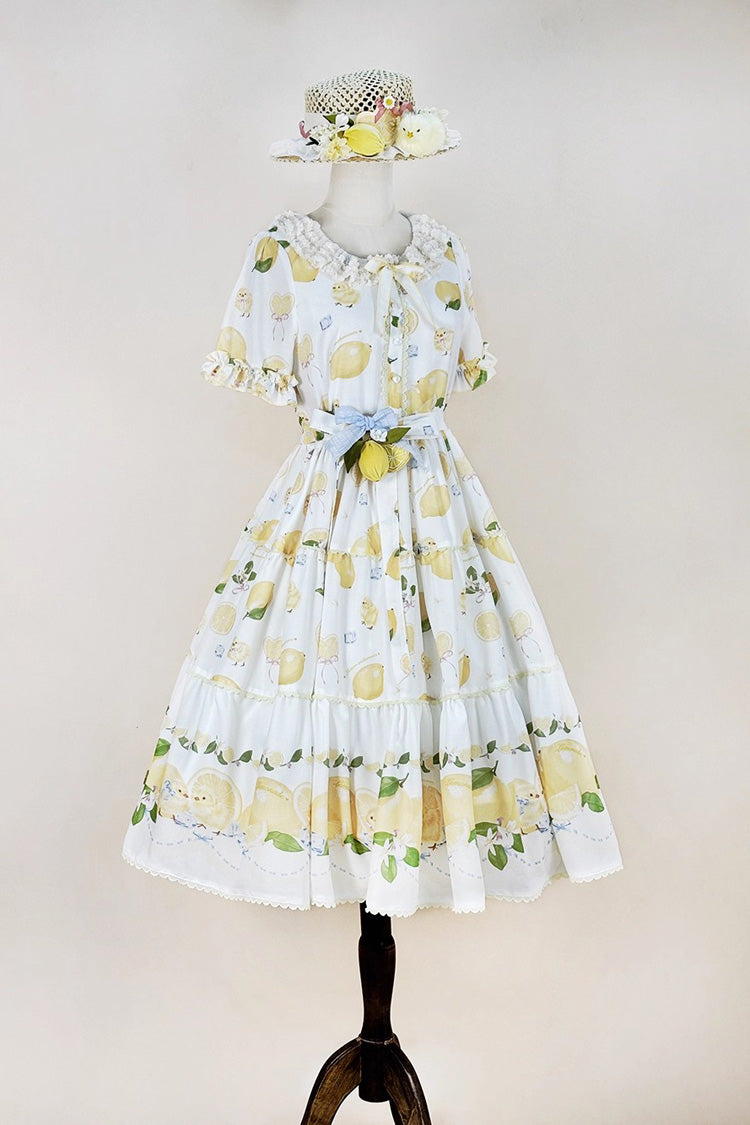 White [Lemon Chicken] Short Sleeves Print Ruffle Bowknot Lace Daily Sweet Lolita Dress - Product - 7