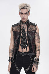 Black Stand Collar Sleeveless Spliced Mesh Studded Zippered Chain-Decorated Eyelet Men's Punk Vest - Product - 6