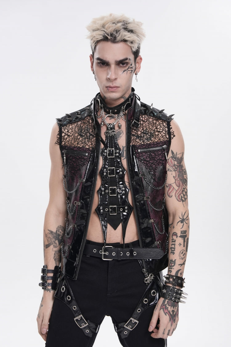 Black Stand Collar Sleeveless Spliced Mesh Studded Zippered Chain-Decorated Eyelet Men's Punk Vest - Product - 6