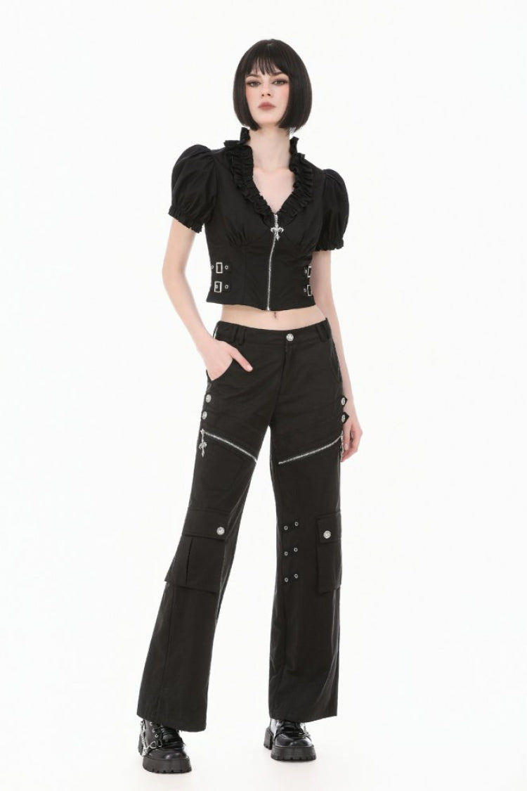 Black Women's Punk Ruffled V Collar Short Puff Sleeves Buckled Waist Zippered Crop Top - Black - 1