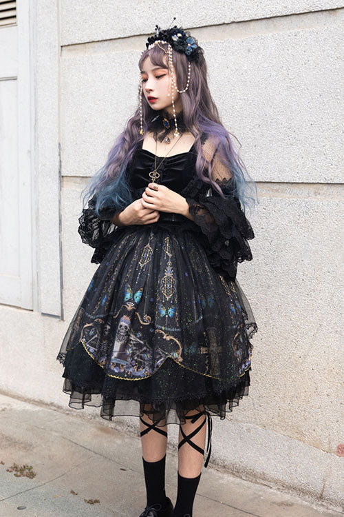 Black Square Collar Cemetery Butterfly Skull Print Lace Lantern Sleeves Multi-Layer Ruffled Gothic Lolita OP Dress - Product - 4