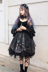 Black Square Collar Cemetery Butterfly Skull Print Lace Lantern Sleeves Multi-Layer Ruffled Gothic Lolita OP Dress - Product - 4