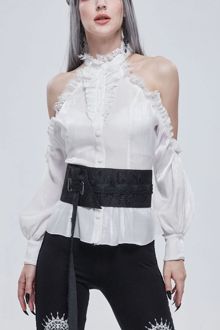 White Gothic Off-The-Shoulder Halter Lace Ruffled Lantern Sleeves Women's Shirt - White - 1