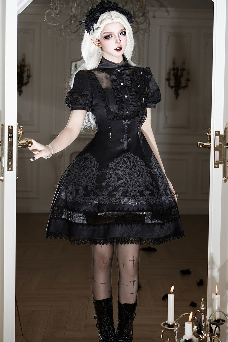 Black Lapel Collar Short Sleeves Ruffled Embroidered Lace Classic Gothic Elegant Lolita Dress - Product - 6