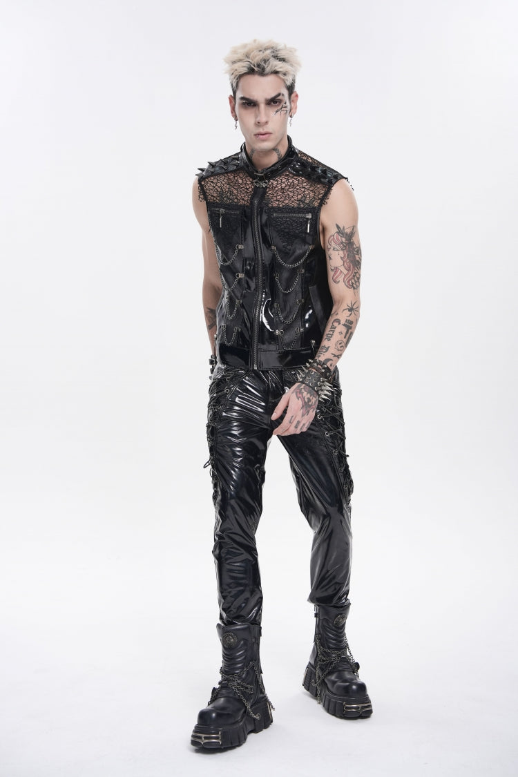 Black Spliced Mesh Studded Buckled Zippered Chain-Decorated Eyelet Men's Punk Cool Vest - Product - 9