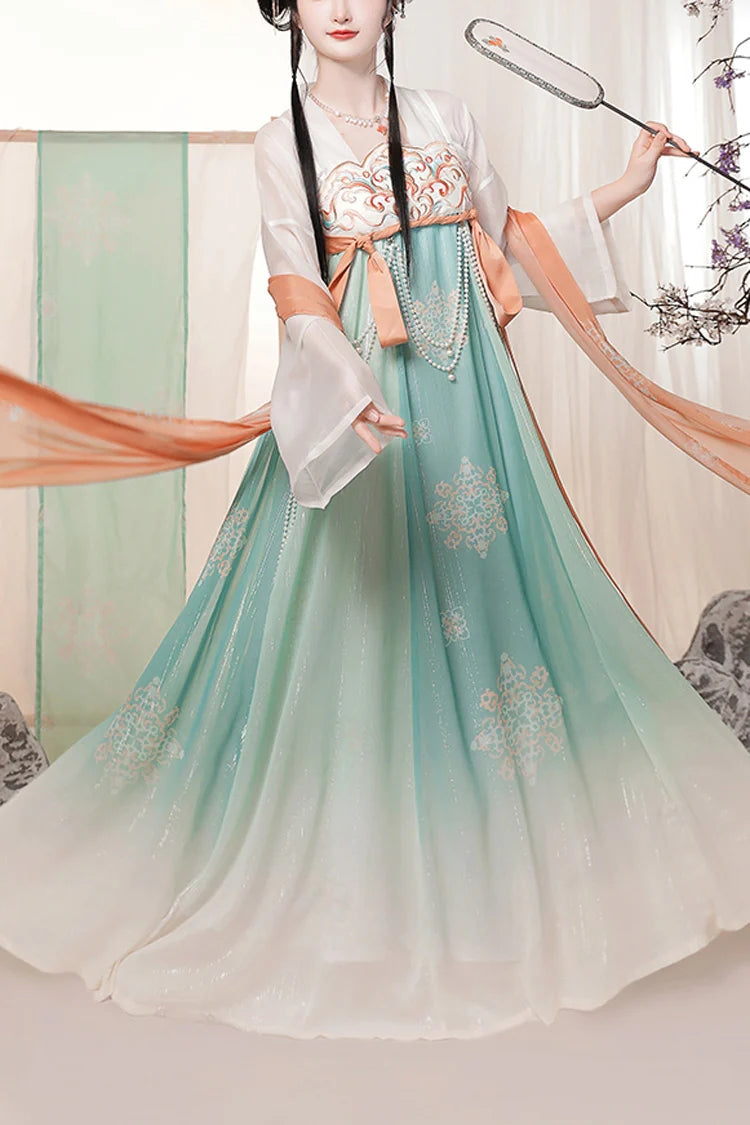 Green Chinese Style <Springtime Greeting> Embroidery High Waisted Long Trumpet Sleeves Hanfu Dress - Green - 1