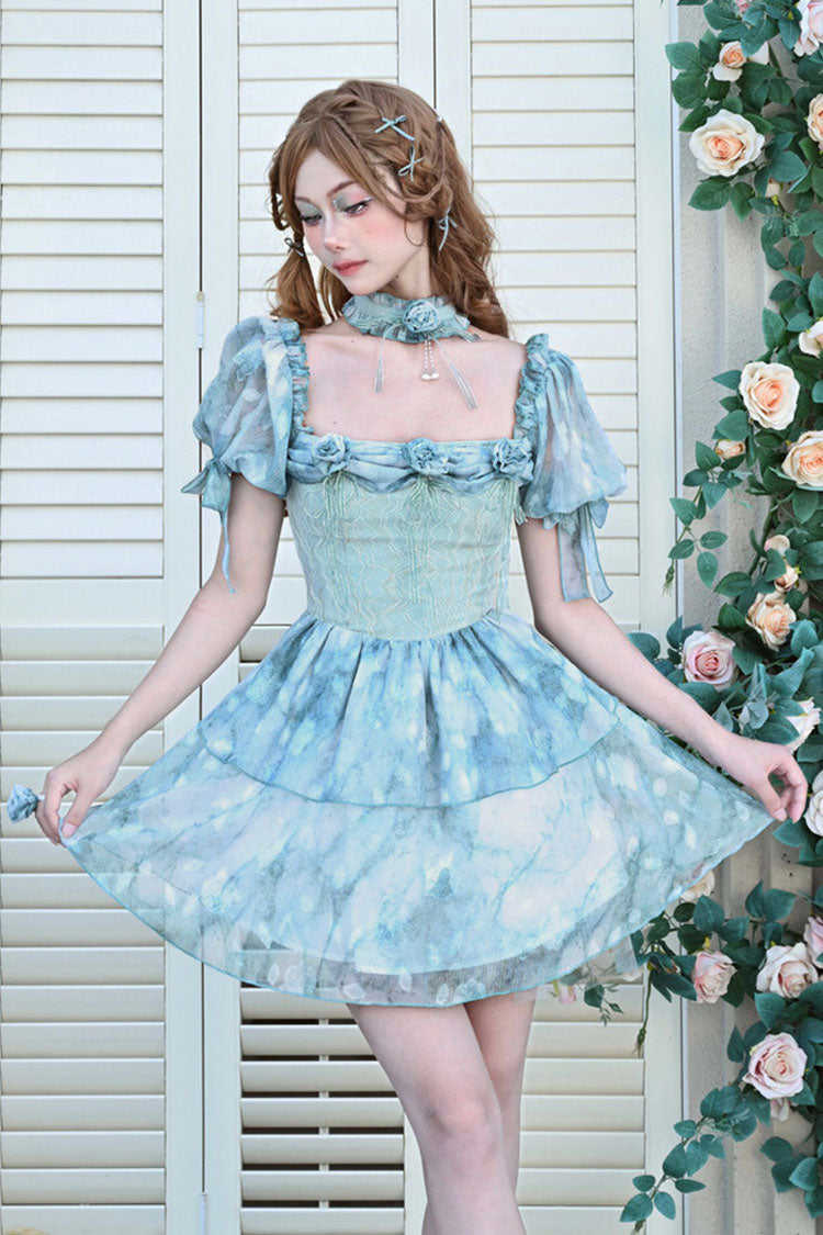 Blue Square Collar Short Puff Sleeves Multi-Layered Print Ruffle Bowknot Tie-dyed Sweet Princess (Dress Only) detail view 9