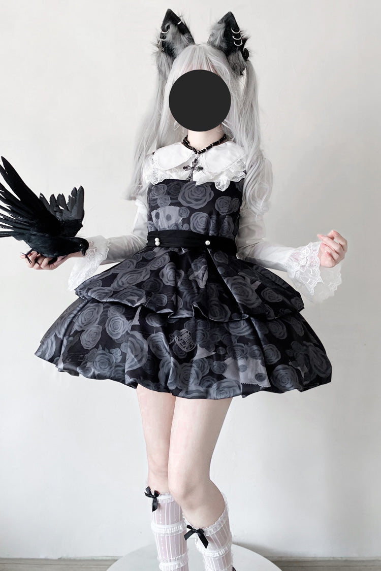 Black Rose Print Two-layer Bowknot Gothic Lolita Jsk Dress - Product - 3
