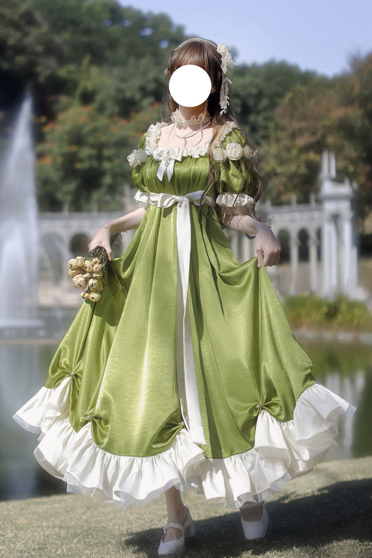 Green Square Collar Short Sleeves Ruffle Bowknot Sweet Regency-Style Vintage (Dress Only) front view
