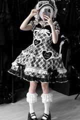 Black/White [Shibuya Sweetheart] Short Sleeves Plaid Print Ruffle Bowknot Sweet Lolita OP Dress (Plus Size Support) - Product - 4