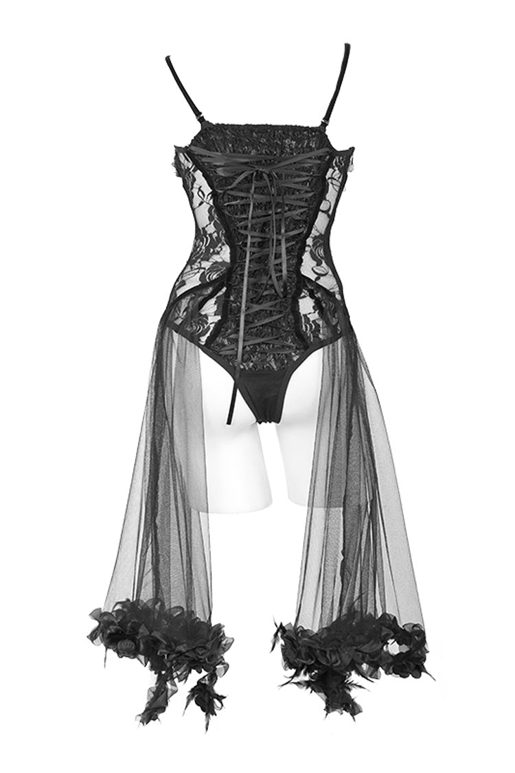 Black Translucent Rose Lace Mesh Hem Sling Women's Gothic Jumpsuit - Product - 9