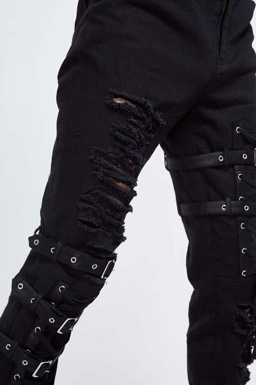 Black Asymmetric Loops Ragged Punk Rock Broken Holes Bandage Mens Pants - Product - 7