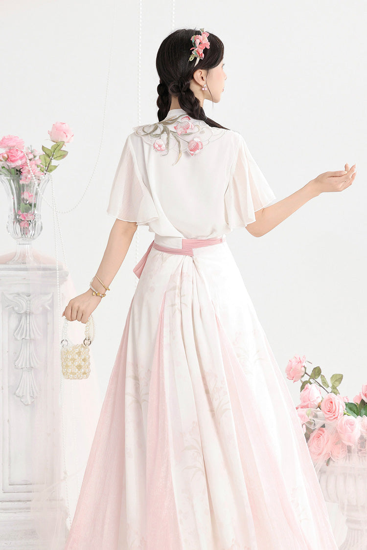 White/Pink [Tulip] Round Collar Short Sleeves High Waisted Printed Women's Sweet Hanfu Set - Product - 6