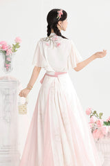 White/Pink [Tulip] Round Collar Short Sleeves High Waisted Printed Women's Sweet Hanfu Set - Product - 6
