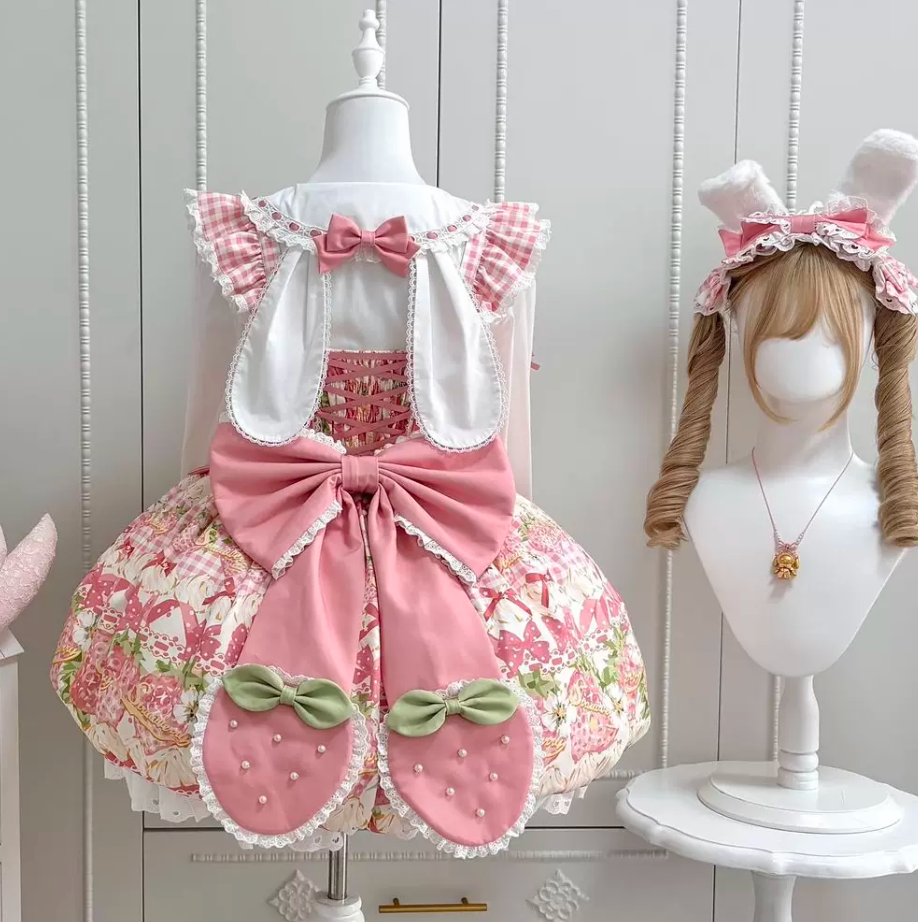 Strawberry Print Ruffled Maid Lolita Dress Set with Apron - view 4