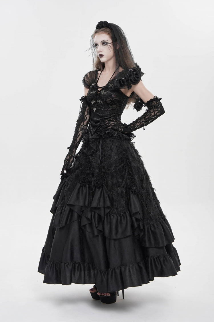 Black V Collar Short Sleeves Embroidered Lace Lace-Up Slim Women's Gothic Top - Product - 13