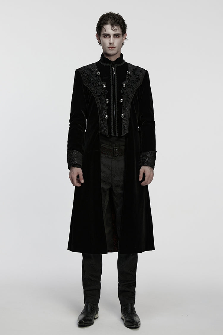 Black Stand Collar Long Sleeves Floral Jacquard Bouble-breasted Zipper Men's Gothic Coat - Black - 1