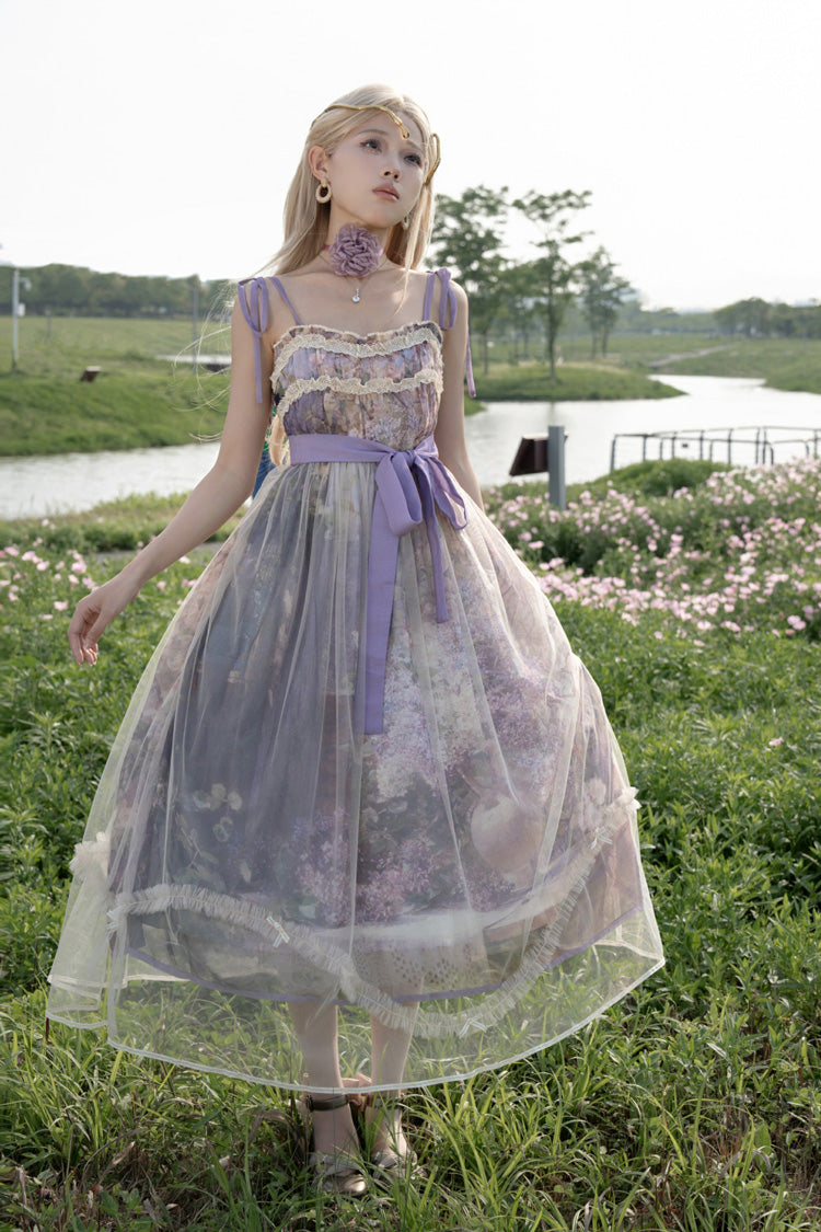 Purple [Oil Painting – In the Shade of Blossoming Trees] Sleeveless Print Ruffle Bowknot Lace Sweet Lolita Jsk Dress - Product - 3